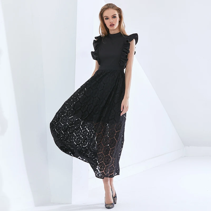 

White Hollow Out Women Dress Stand Collar Short Sleeve High Waist Elegant Dresses Female 2020 Autumn New Clothing