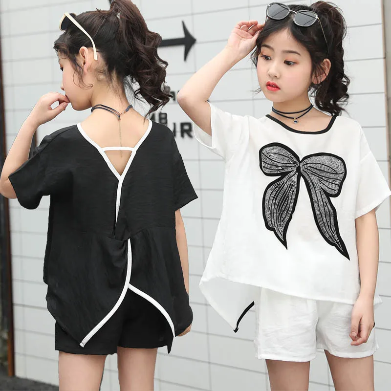 

New Cotton Girls Clothing Sets Summer Backless 2Pcs Short Sleeve Children Sets Fashion Girls Clothes Suit Casual Bow Outfits