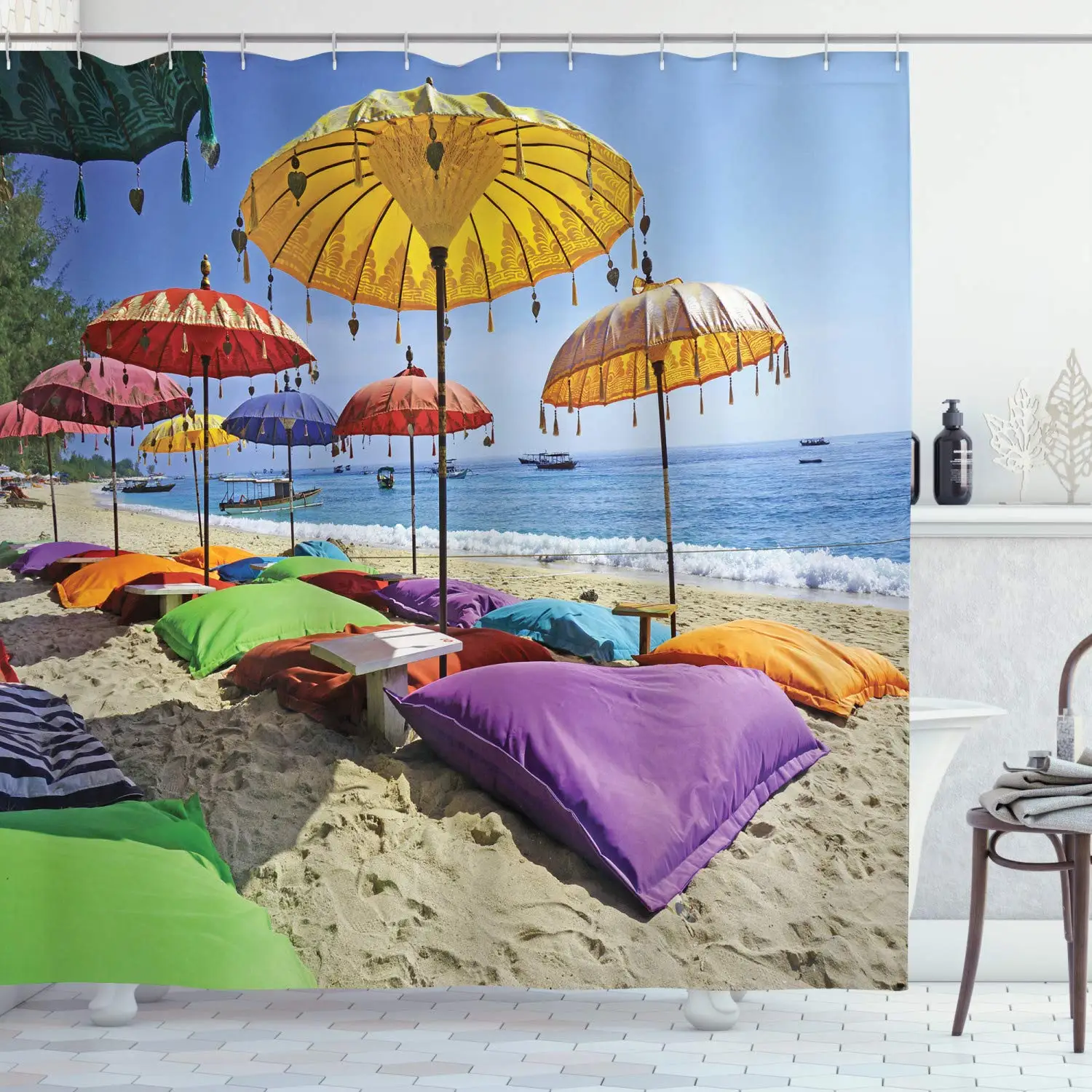 

Balinese Shower Curtain Beach Balinese Bed Summer Sunshine Clear Sky Honeymoon Home Cloth Fabric Bathroom Decor Set With Hooks