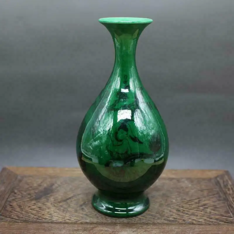 

Chinese old porcelain Green Glaze Ink Figure Jade Pot Spring Vase