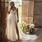Платье Свадебное шифоновое на бретелях-спагетти, Пляжное Плиссированное ТРАПЕЦИЕВИДНОЕ с открытой спиной, с высоким разрезом, в стиле боома, для невесты