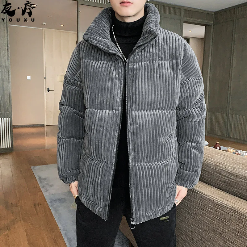 Corduroy Cotton Coat Men's Winter Tide Stand Collar Coat Men's Korean-Style Trendy Youth Loose Fleece-Lined Thickened Cotton