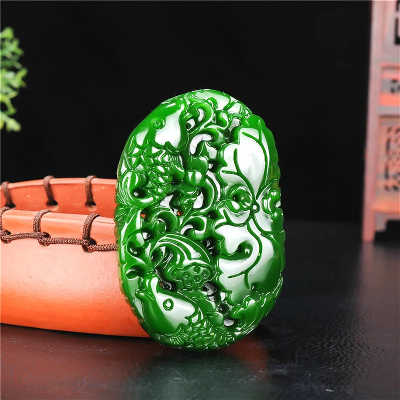 

Natural Green Jade Carp Lotus Pendant Necklace Chinese Hand-Carved Fashion Jewelry Accessories Charm Amulet for Men Women Gifts
