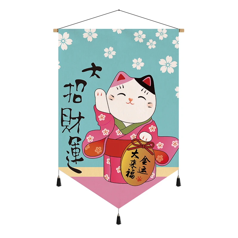

Japan Fortune Cat Wall Art Canvas Posters Hanging Scroll Painting Wooden Scroll Hanging Painting Printed Home Living Room Decor