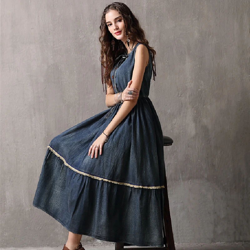 

Summer Dress Women Vintage Lace Embroidery Fashion Denim Dress Female Loose Casual Dresses High Quality Ladies Vestidos QX266