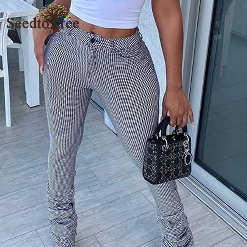 

Houndstooth Pocket Design Ruched Fitted Pants