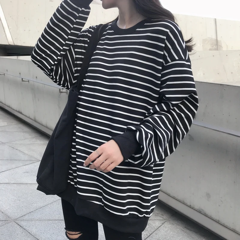

Oversized 5XL Black White Stripes Hoodie Extra Long Sleeve Poleron Mujer Harajuku Young Women Clothing Sweatshirt Punk Hoodie
