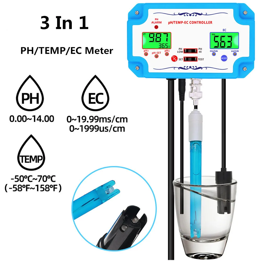 3 в 1 PH измеритель pH/EC/TEMP детектор EC 2823 контроллер реле электрод BNC Тип зонд для