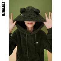 toyouth women sweatshirts with frog hat winter o neck loose hoodies double sided polar fleece solid chic casual pullovers
