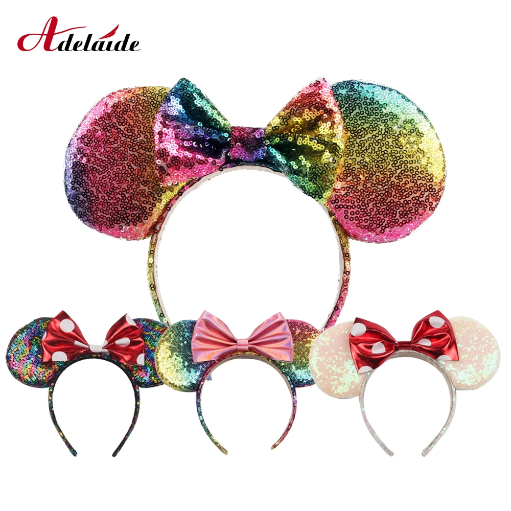 32 стиля Радужные Блестки повязка для волос девочек Минни блестящие уши бант