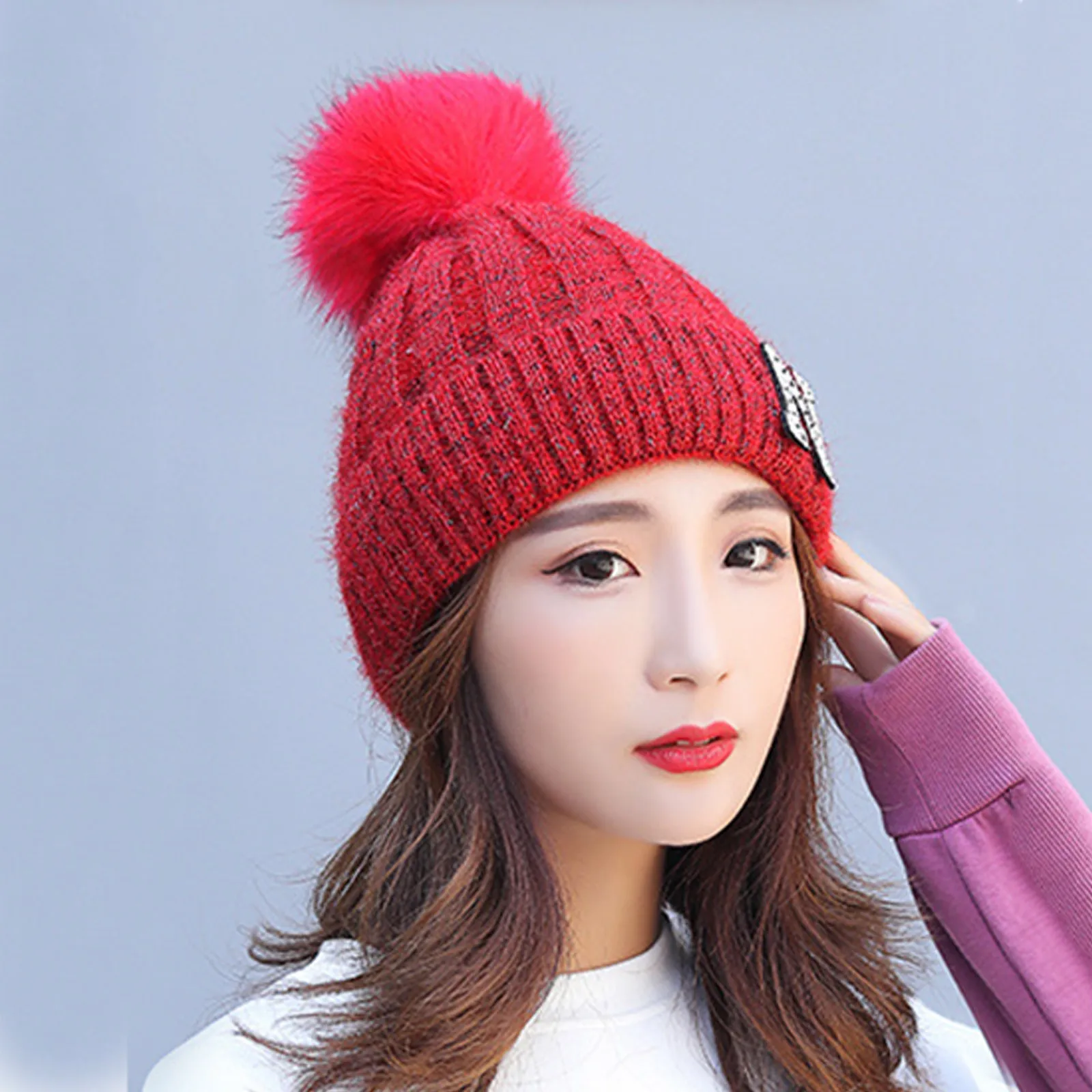 Осенне-зимние вязаные шерстяные шапки для женщин модные с помпоном меховая шапка
