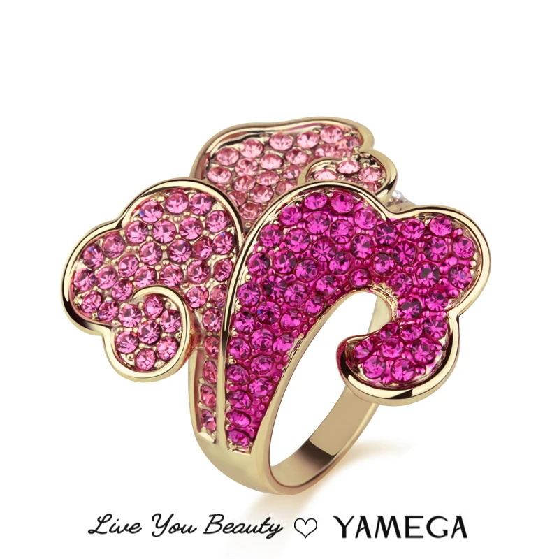 

Luxury Metal Gold Ring Fashion Jewelry Statement Cloud Party Gifts Bling Bling Pink Green Czech Rhinestone Rings For Women Girl