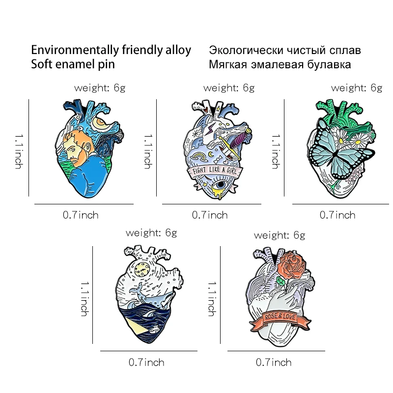 Брошь эмалированная в форме сердца морские киты анютины розы и креативный значок