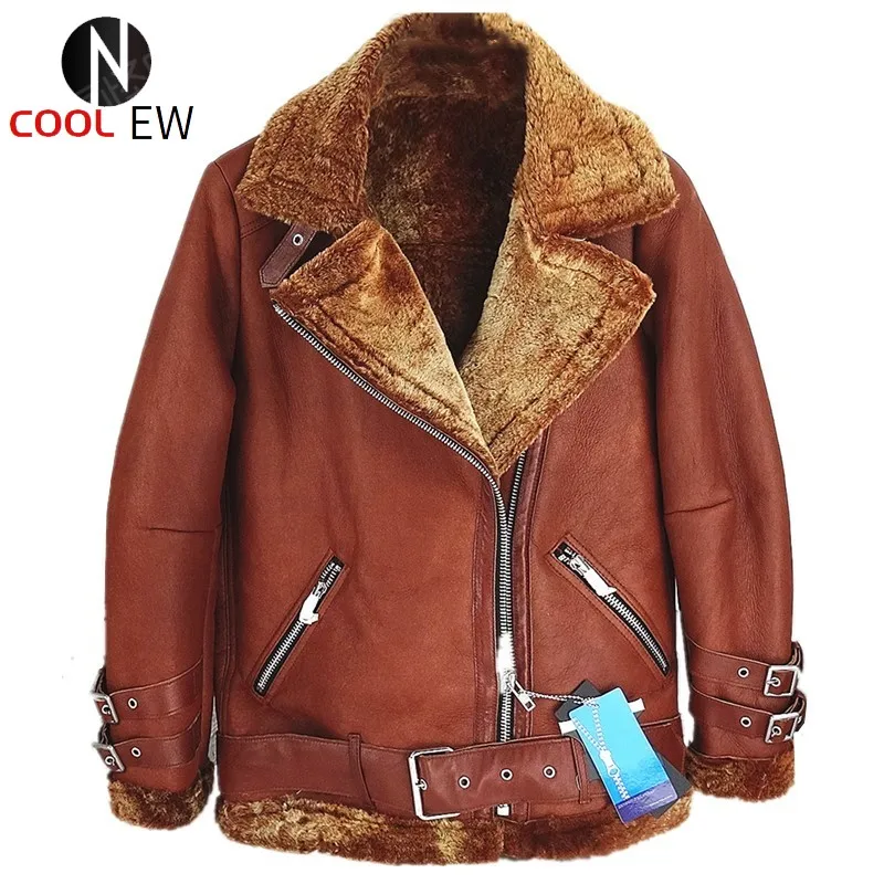 

Куртка женская из натуральной кожи, роскошная теплая Байкерская шерстяная верхняя одежда, с поясом, на молнии, повседневный винтажный Байке...