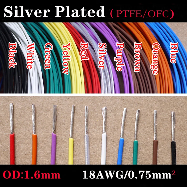 

18AWG PTFE Silver Plated Wire OD 1.6mm Insulated High Temperature Soft Electron Cable OFC Copper DIY Headphone Single Line