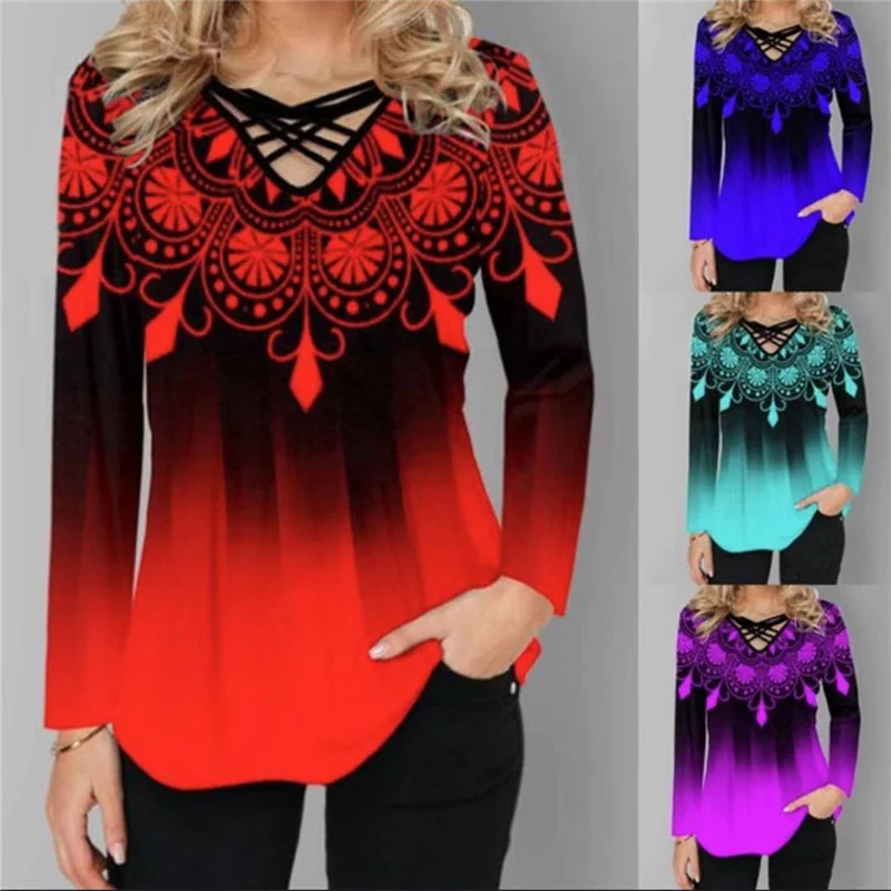 

Oversized Spring Women Blouses Long Sleeve Gradient Element Print Shirts Casual Cross V-Neck Ladies Tops Plus Size 4XL 5XL 2021