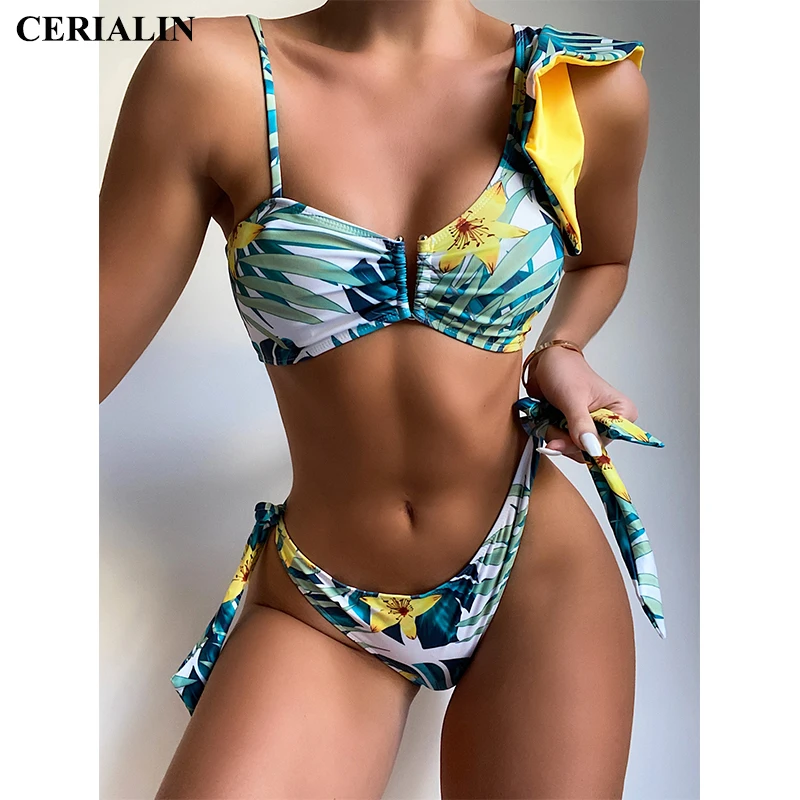 

Женское раздельное бикини с принтом, модная пляжная одежда из двух предметов с чашками пуш-ап, с принтом листьев, с оборками, бандажный купал...