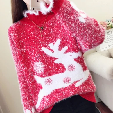sweaters Уродливый Рождественский свитер с оленем, водолазка, кашемировый свитер для женщин, высокий ворот, пушистый мех, зимние свитера, Pull Femme - Цвет: sweaters