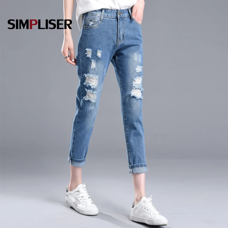 Женские потертые джинсы до щиколотки повседневные свободные рваные размера плюс