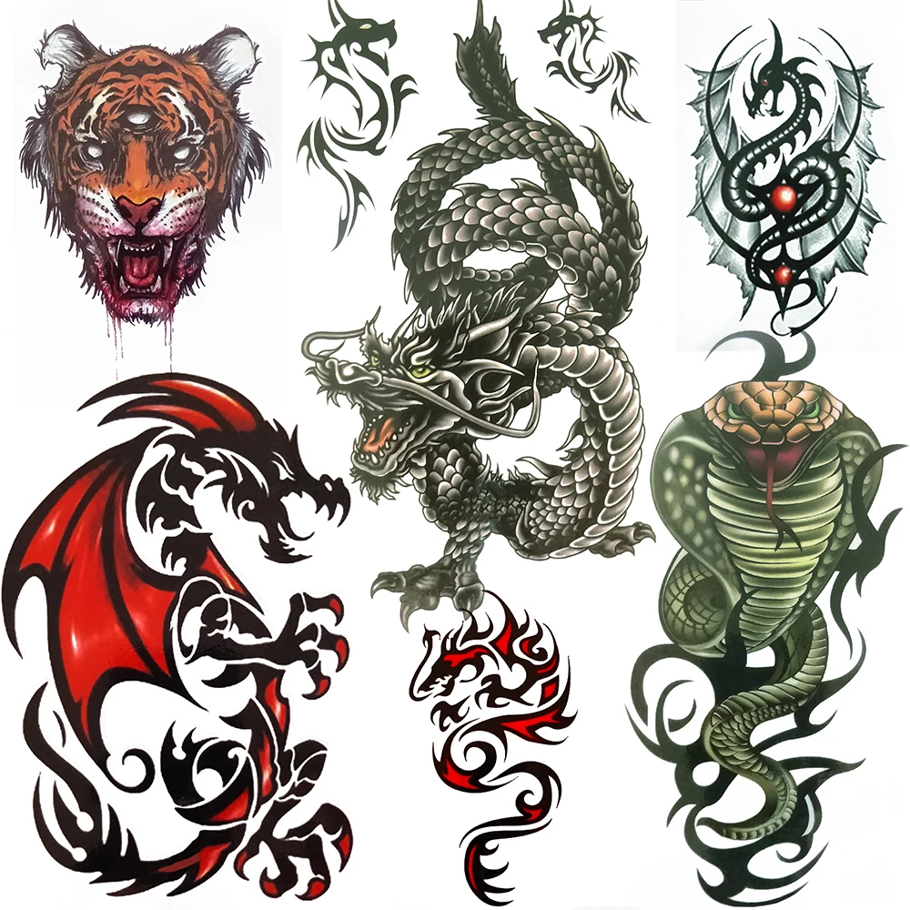 

Поддельные Временные татуировки Fire Dragon King для мужчин, женщин, мужчин, тигр, акварель, змея, татуировка, наклейка, Геометрическая водостойкие ...