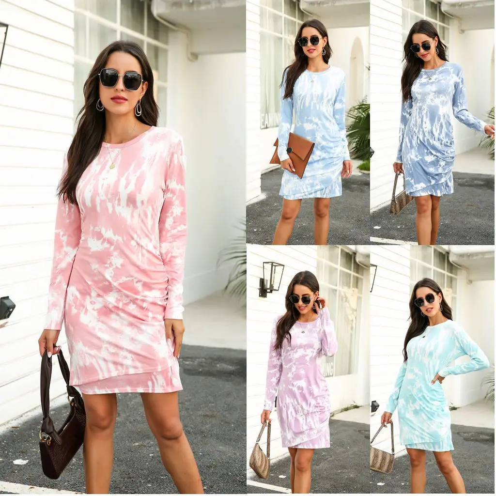 

Tie Dye Woman Bodycon Dress Casual Long Sleeve O-Neck Mini Sexy Slim Pleated Pencil Sundress Female Loose Party Vestidos Robes