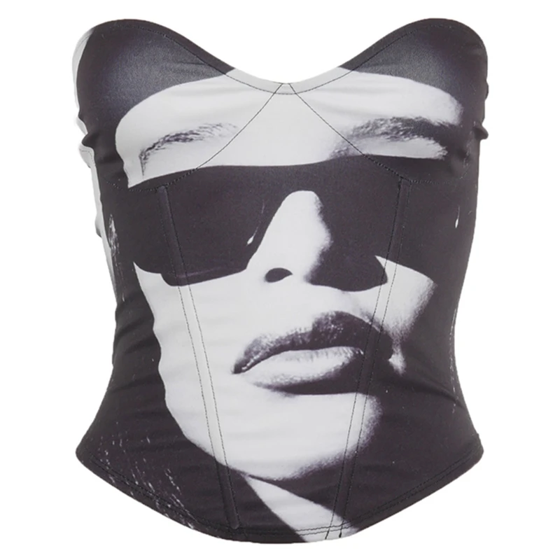 

Black Deep V-Neck Slim Tank Top Women Summer Sleeveless Corset Tops Star Character Print Slim Corset Contrast Color