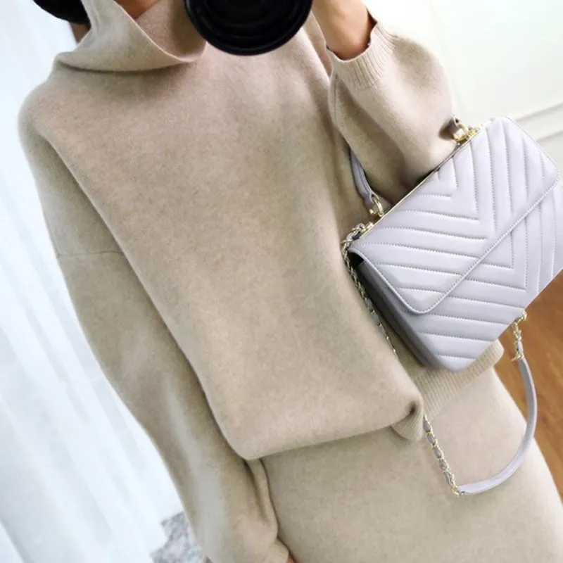 2019 осень зима кашемировый свитер с высоким воротником Женский комплект