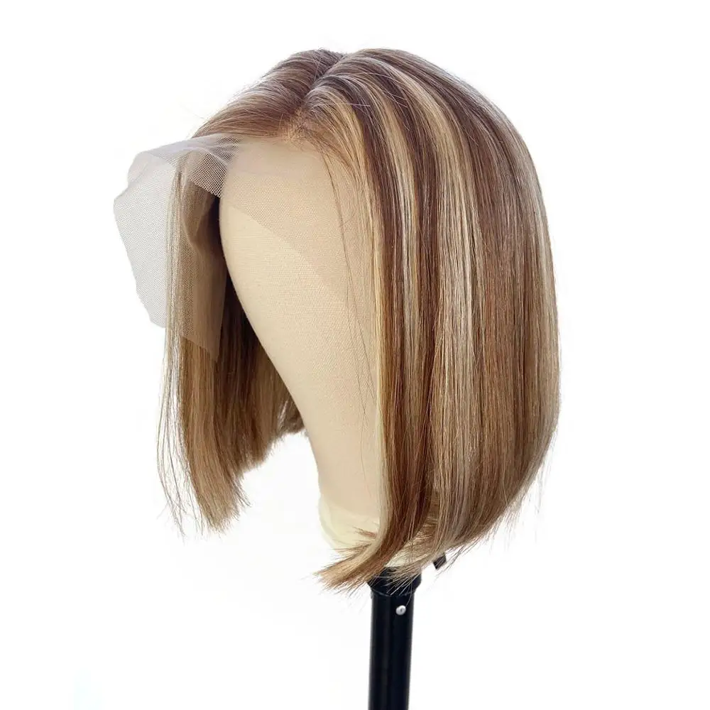 

Loviness Highlight Short bob Balayage Remy Virgin Hair T Part Blonde Honey Brown Ombre 13*4 Lace Front Human Hair Wig For Women