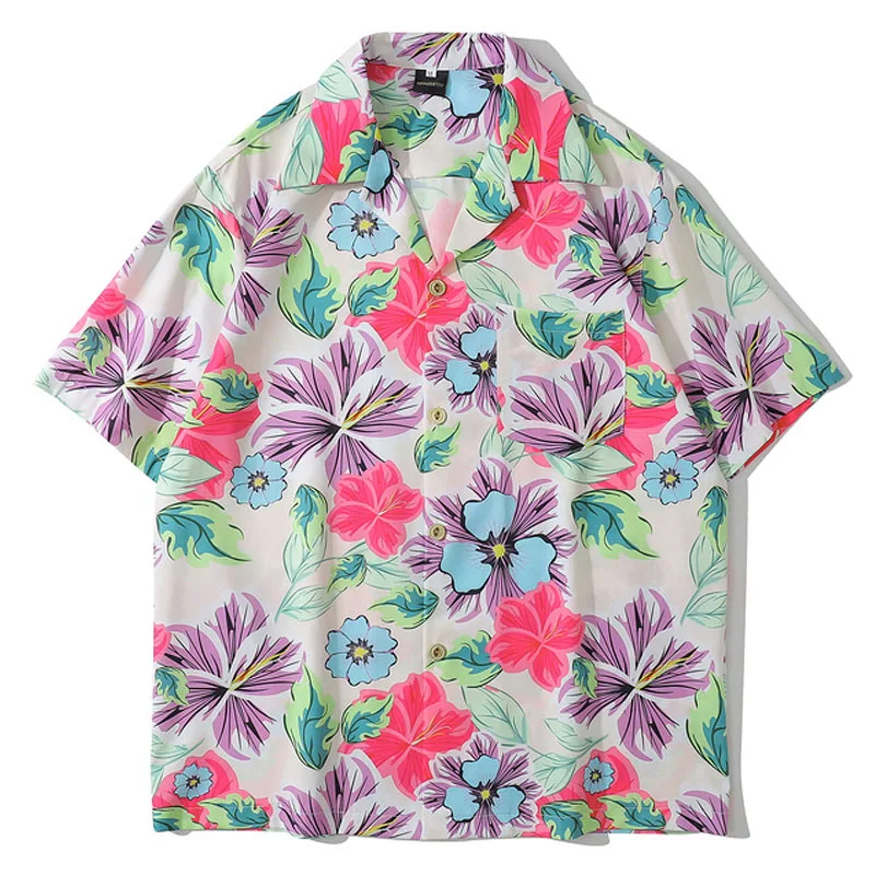 

Mens Oversize Hawaiian Shirts Flowers Print Turn-Down Collar Shirt Unisex HipHop Streetwear Male Holiday Tropical Aloha Tops