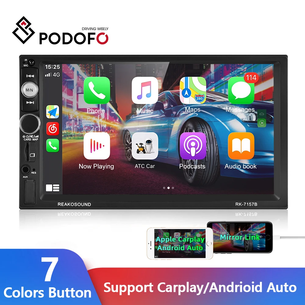 

Podofo Car Radio Carplay Android Auto 2 din MP5 Multimedia Player HD Touch Screen Bluetooth USB TF Mirror Link Steering Control