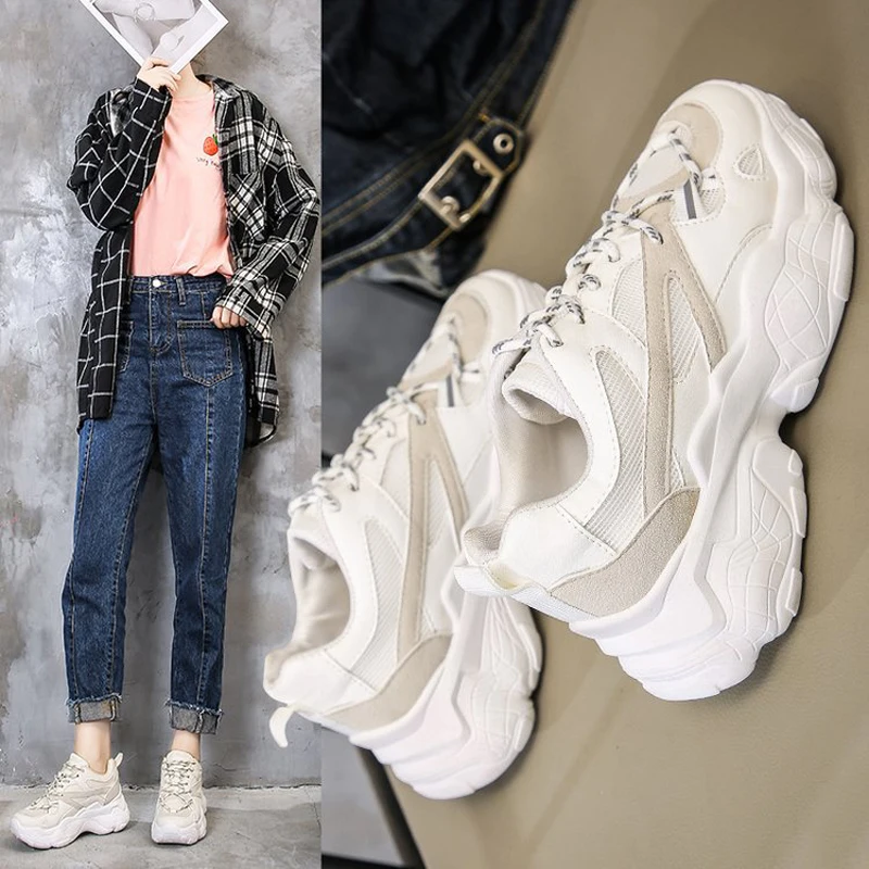 W- Brand spring and autumn new mesh breathable thick-soled students wild wear increased daily solid color lace up women's shoes | Обувь