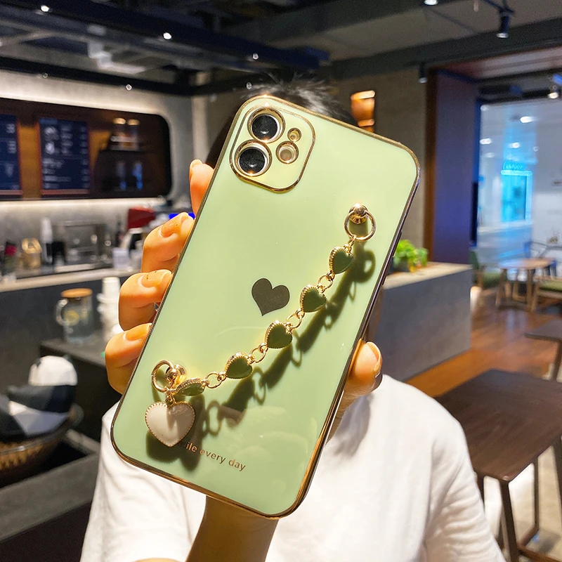 

Luxury Cute Wristband Heart-shaped Plating Silicone Phone Case For iPhone 12 11 Pro XS Max XR 8 7 Plus Ultra-thin Soft Cover