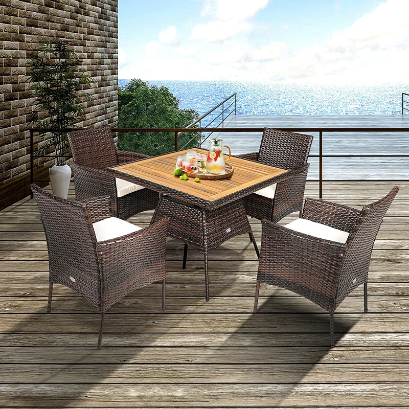 

5PCS Patio Rattan Dining Furniture Set Arm Chair Solid Acacia Wood Tabletop Powder Coated Steel Frame Garden Furniture Sets