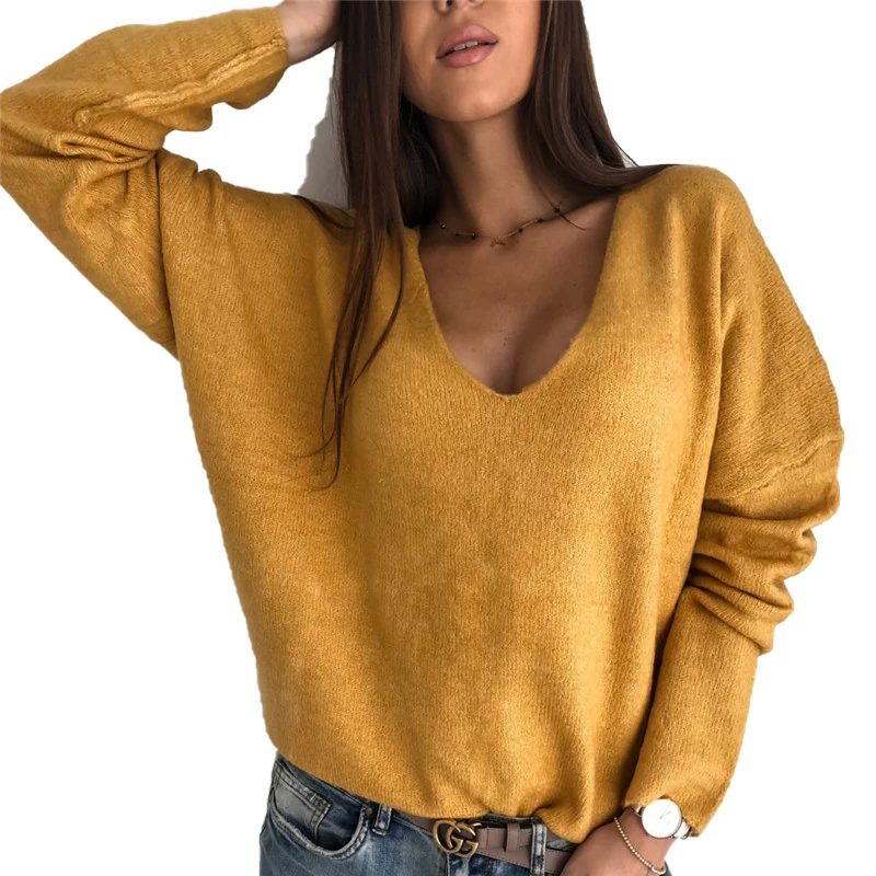 

Женский Трикотажный Свитер оверсайз с длинным рукавом и V-образным вырезом