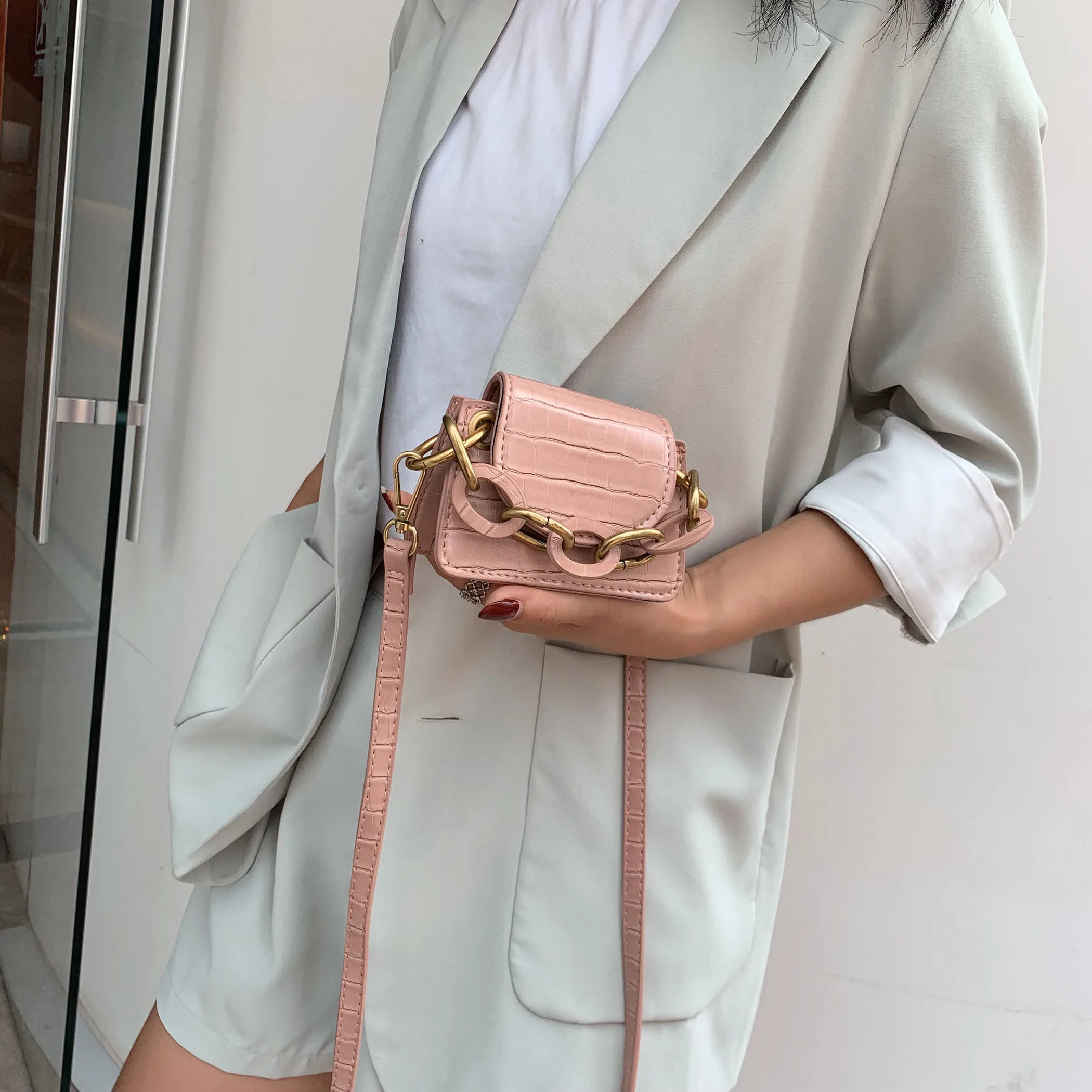 

Stone Pattern PU Leather Crossbody Bags For Women Thick Chain Design Shoulder Simple Bag Lady Mini Tote Lipstick Handbags