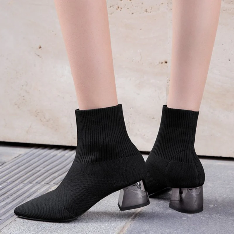 

Woman Coarse heel Short Boots 2019 heel Knitting Sharp Elastic Force Socks Boots Single Boots