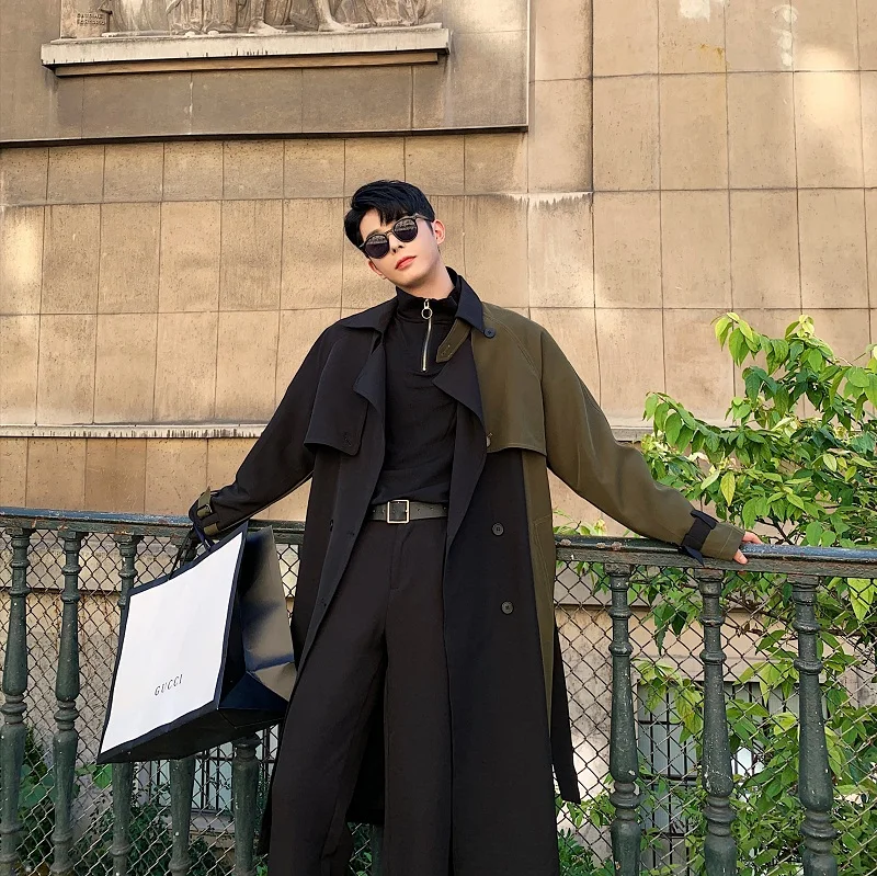 

Men Autumn Winter Splice Sashes Loose Casual Chic Long Trench Coat Male Vintage Streetwear Hip Hop Windbreaker Overcoat Jacket