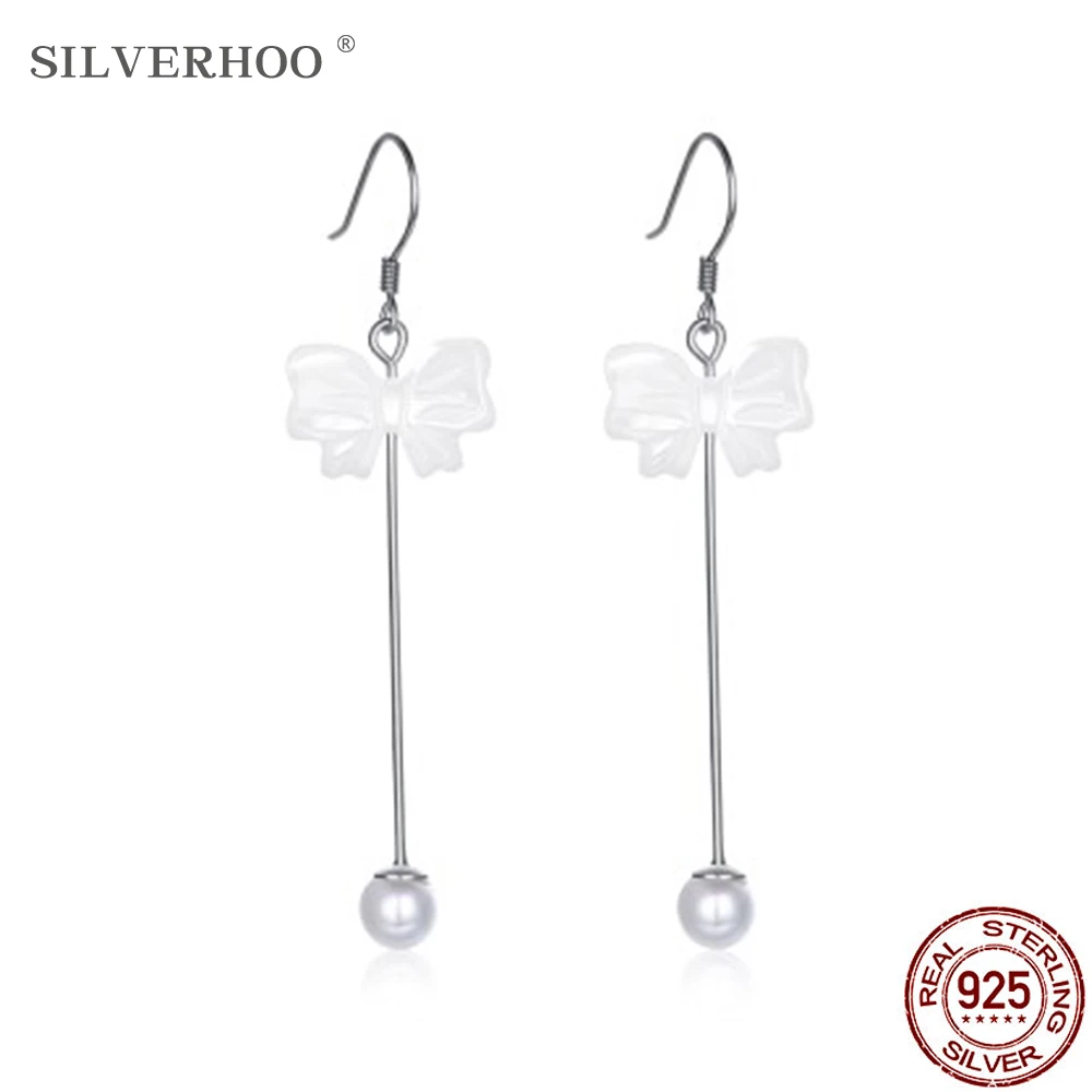 

SILVERHOO 925 Sterling Silver Long Tassel Shell Pearl Earrings For Women White Bowknot Drop Earring Elegant Party Jewelry Gift