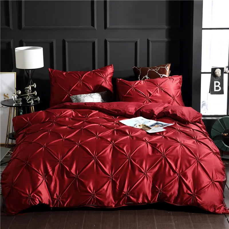 

Wine Red Silky Soft Pinch Pleat Bedding Set Luxury Duvet/Quilt Cover Pillowcases Sets King Double Size Comforter Cover No Sheet