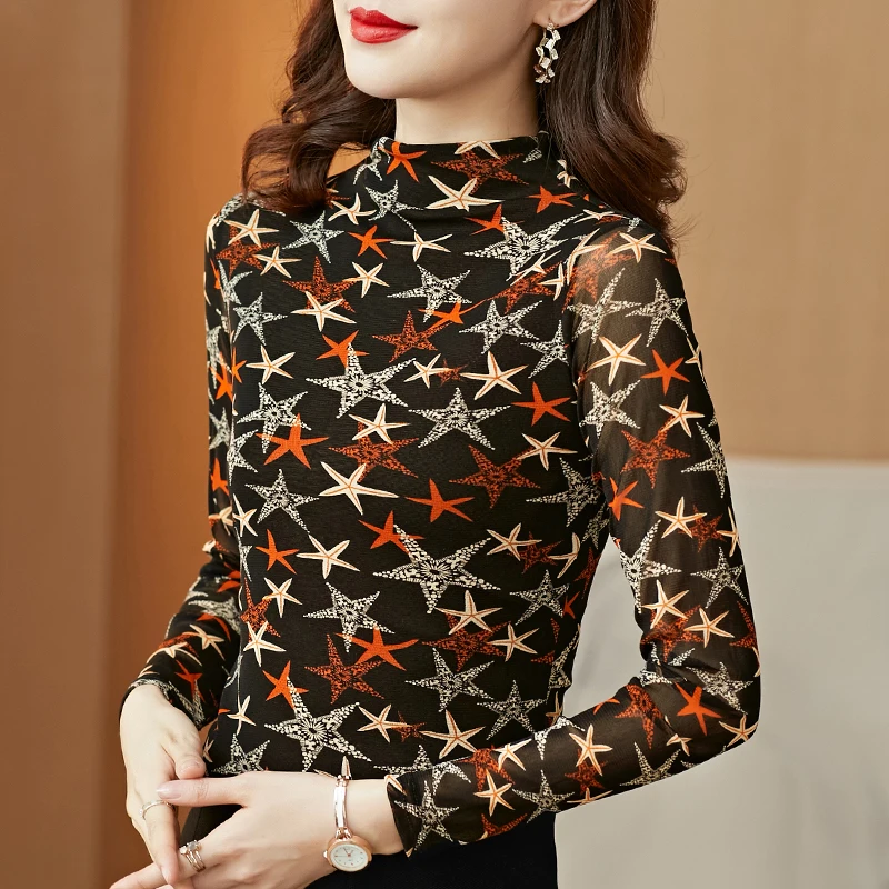 

Mesh Printed Star Print Womens Blouses Bottoming Women Shirt Long Sleeve Womens Tops and Blouses Blusa Feminina