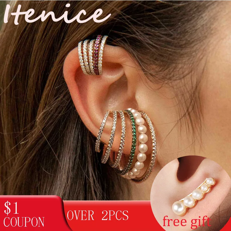 

Itenice Multi-turn Pearl Rhinestone Ear Cuff Bohemia CZ Wide Stackable Earcuffs Crystal Ear Climber Earrings For Women Wedding