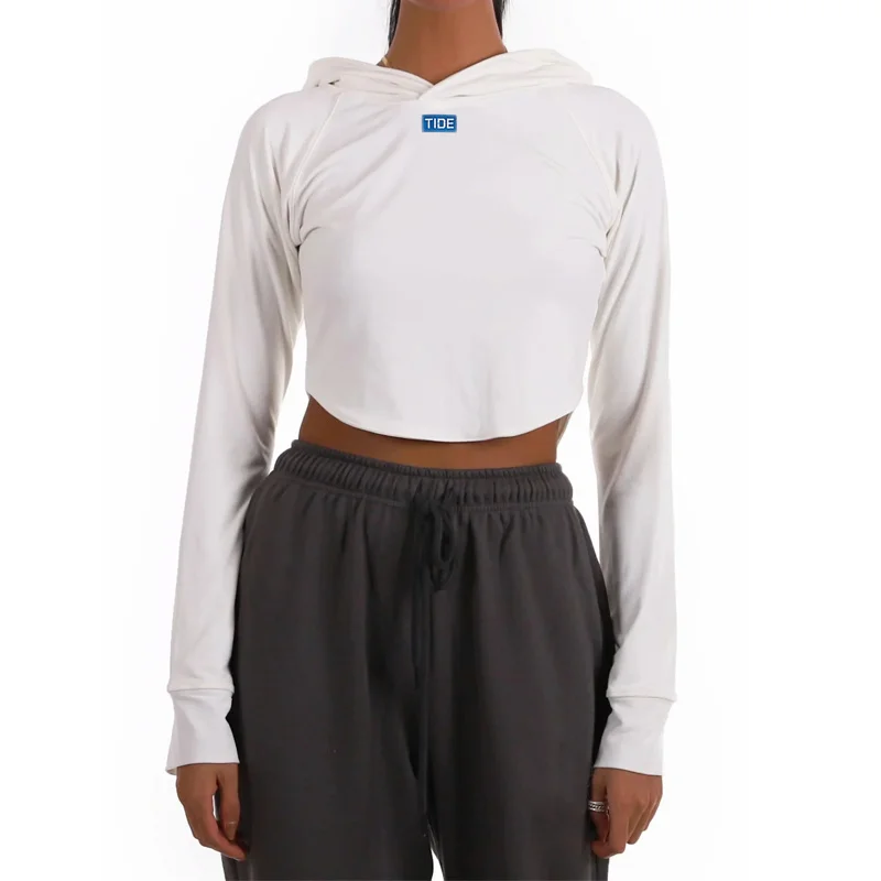 

European style retro sports hooded hem curved sweater high waist short irregular top casual Women Hoodie A746
