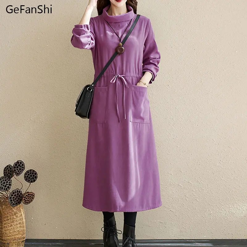 

New Arrival Autumn Winter Women Dresses Casual Long Sleeve Drawstring Loose Cotton Dress Fashion Elegant Dress Clothing Robe