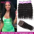 Recool бразильские пучки глубокой волны с закрытием HD прозрачное кружевное Закрытие с 3 пучками натуральные кудрявые пучки волос с закрытием