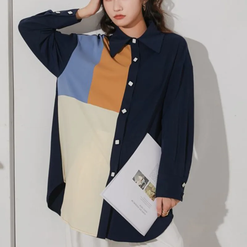

2021 Patchwork Print Stitching Color Long Sleeve Shirt Polo Collar Casual All-match Single Breasted Ladies E944