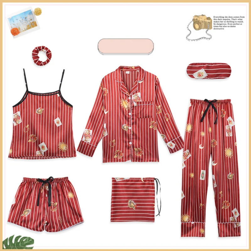 

2020 Pink Women's 7 Pieces Pajamas Sets Emulation Silk Striped Pyjama Women Sleepwear Sets Spring Summer Autumn Homewear