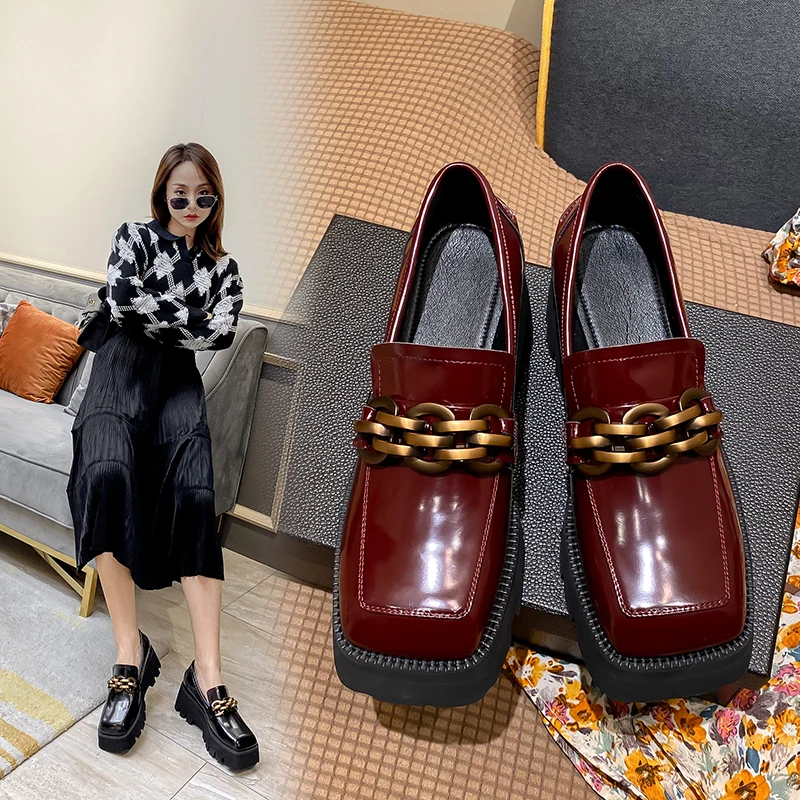 

Platform Shoes For Women Hanged Metal square Toe Genuine Leather Women Flat Shoes Top Quality Working Office Shoes Woman