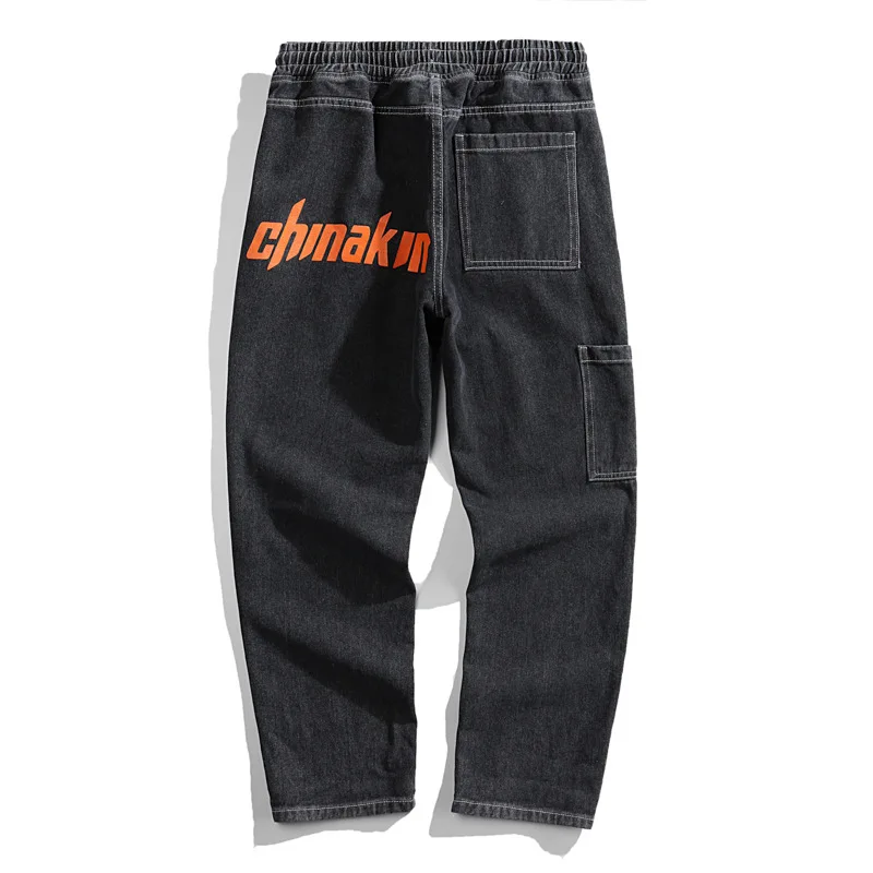 

New Japanese Style Cargo Jeans Men's Autumn Winter Loose Casual Letter Printing Denim Trousers Male Elastic Waist Handsome Jeans
