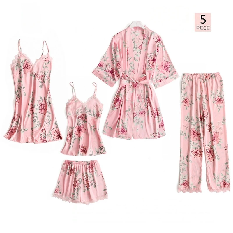 Pink Сексуальная одежда для сна, халат для женщин, атласная шелковая Цветочная печать, Сексуальная кружевная Домашняя одежда, 5 шт., ночная рубашка, одежда для сна Женская - Цвет: Pink