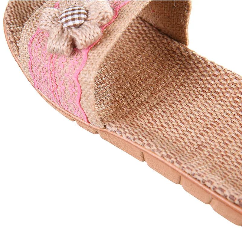 Шлепанцы женские льняные сланцы пляжная обувь богемный стиль бант лен сандалии